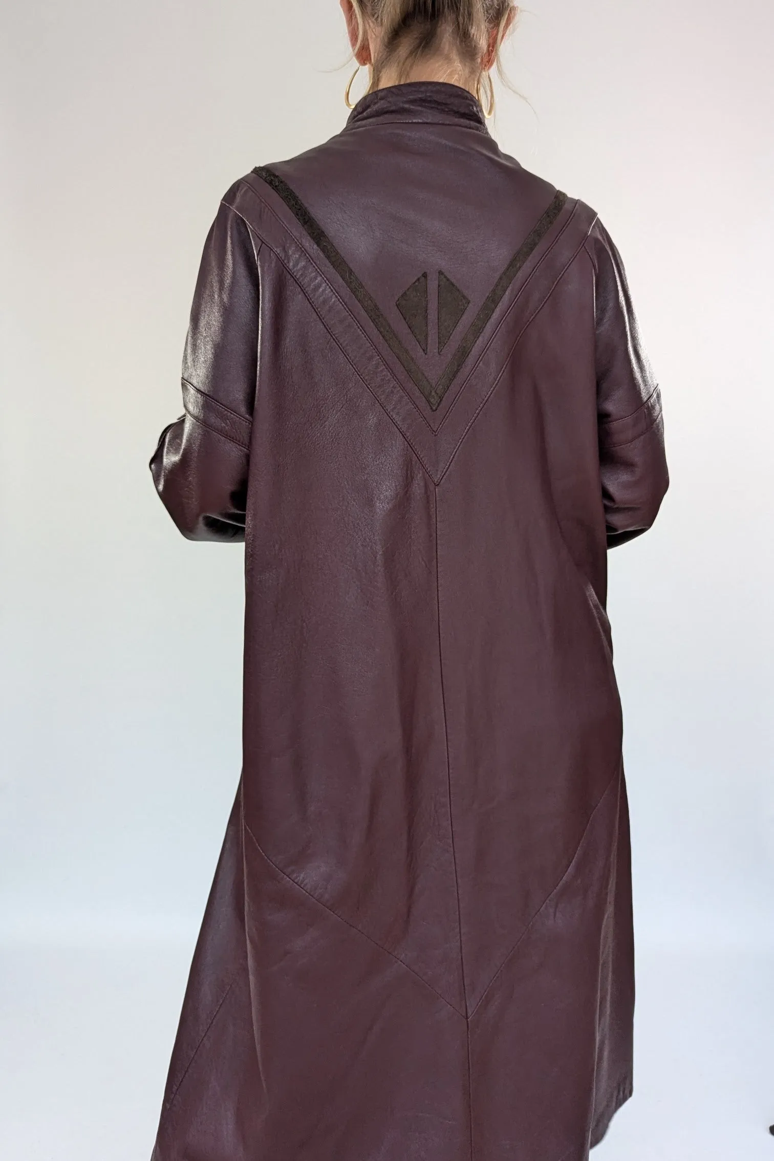 1980s Leather Applique Long Leather Coat