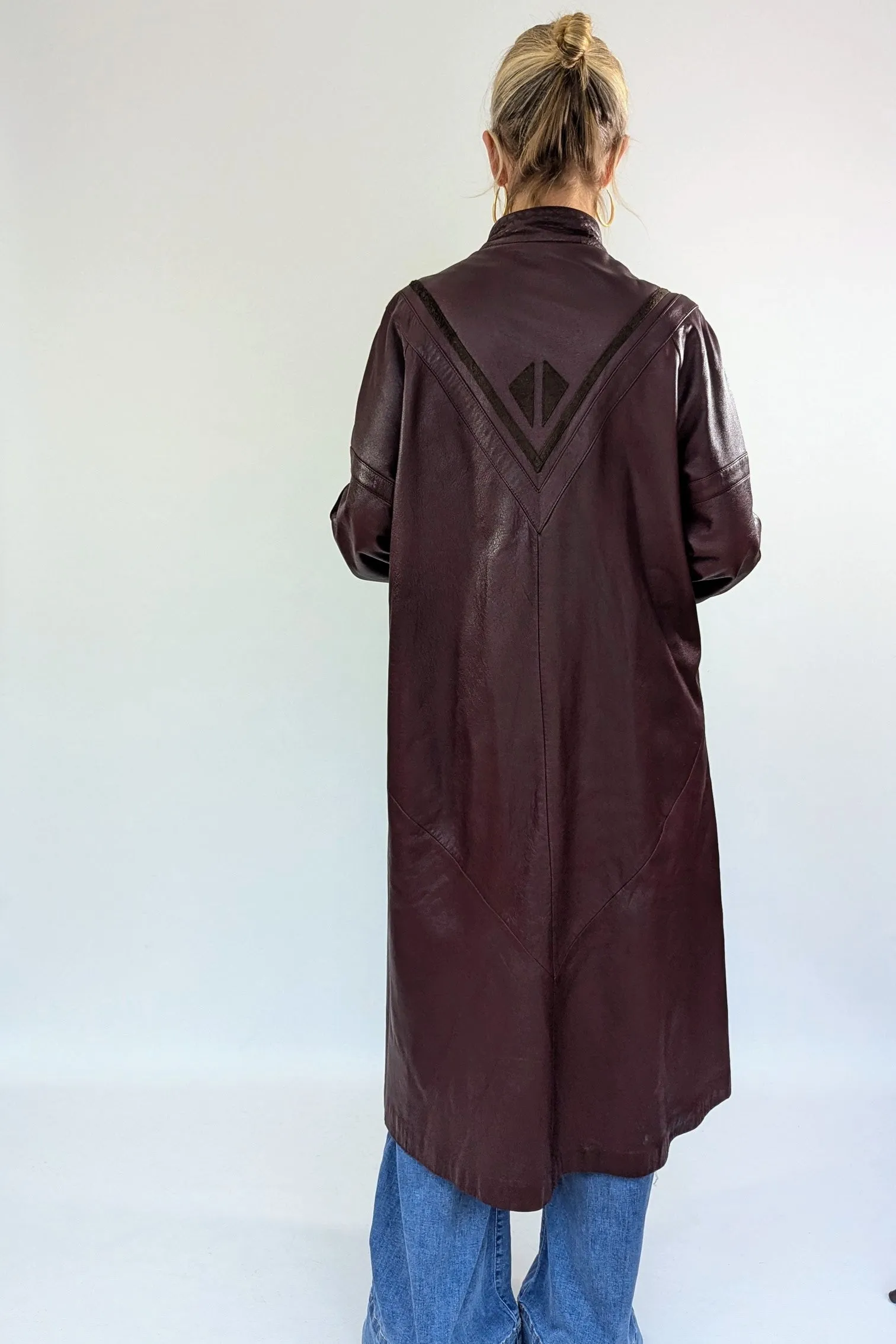 1980s Leather Applique Long Leather Coat