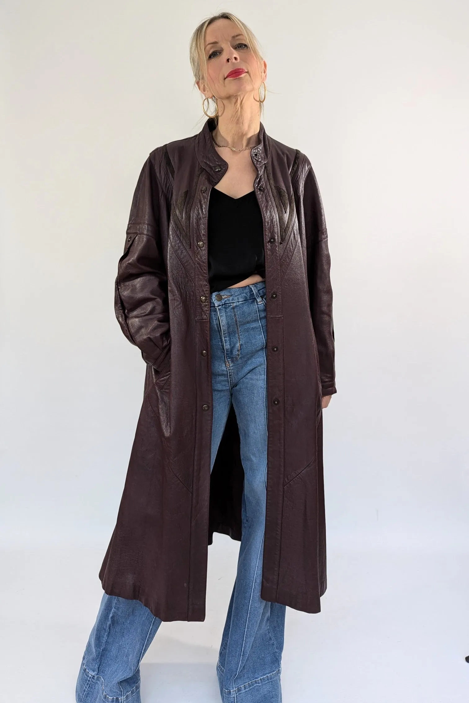 1980s Leather Applique Long Leather Coat