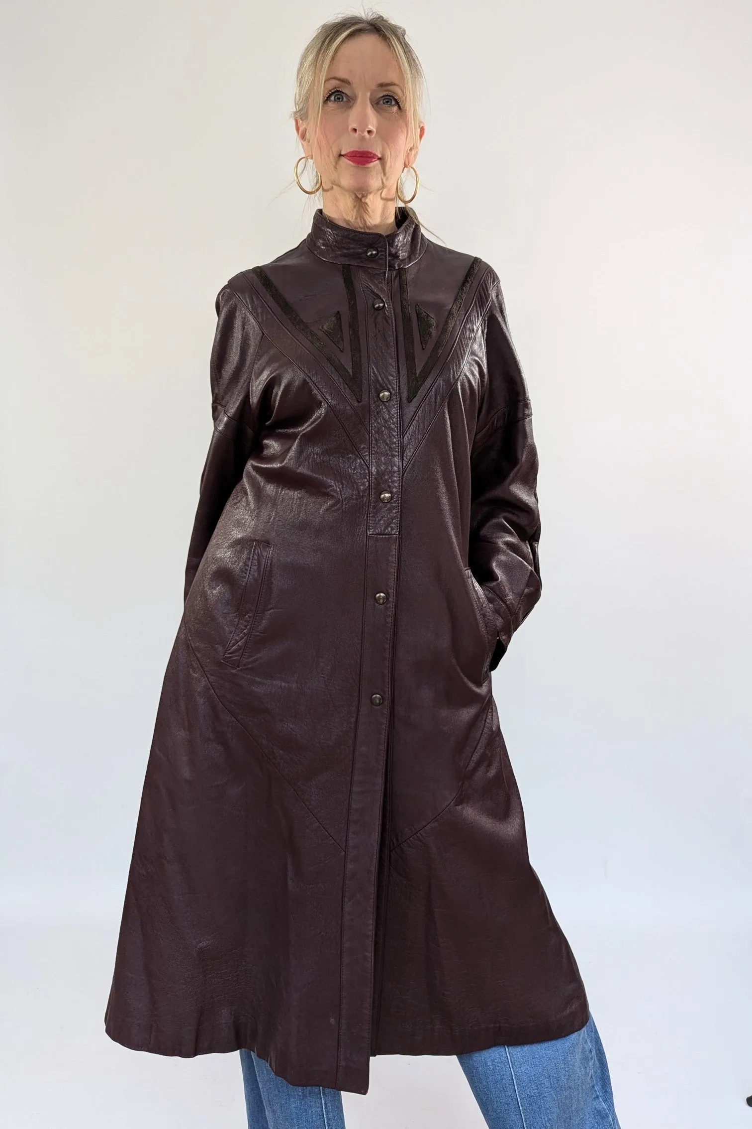 1980s Leather Applique Long Leather Coat