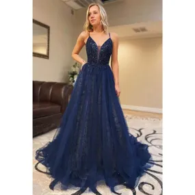 A-line Navy Blue Tulle Beaded Spaghetti Straps Long Prom Dress
