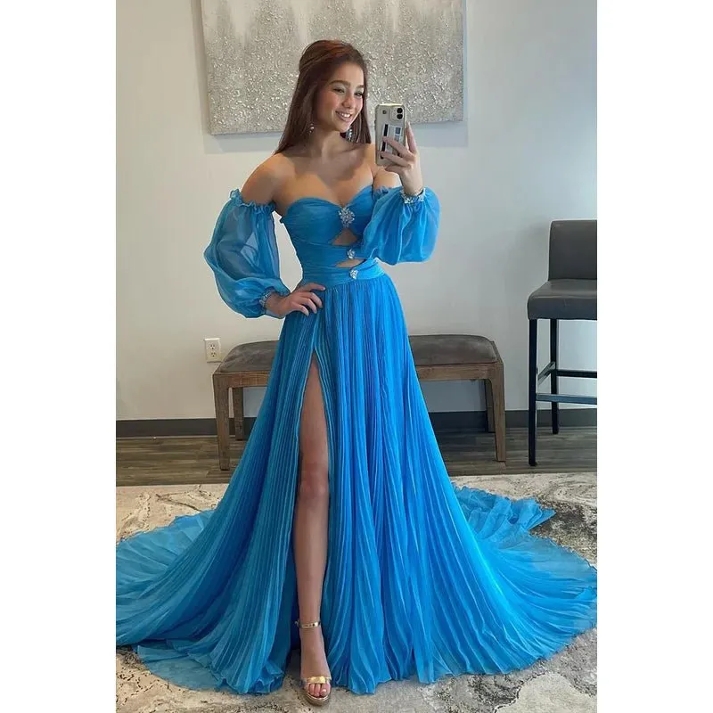 A-Line Strapless Tulle Backless 3/4 Sleeves Formal Dress