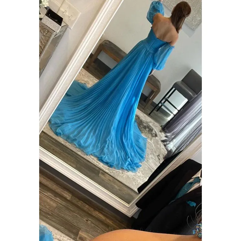 A-Line Strapless Tulle Backless 3/4 Sleeves Formal Dress