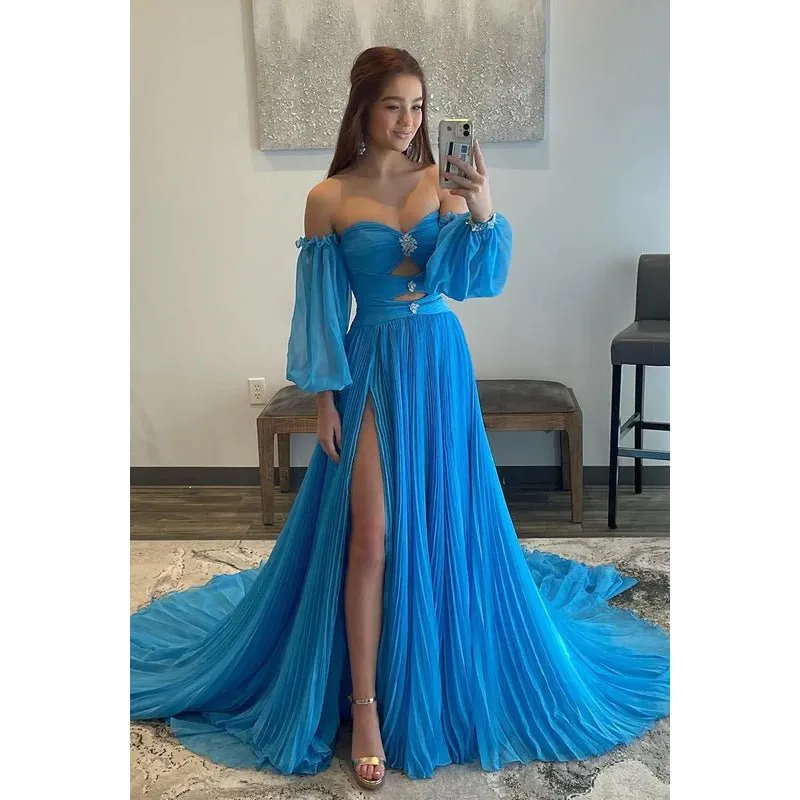 A-Line Strapless Tulle Backless 3/4 Sleeves Formal Dress