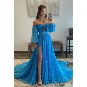 A-Line Strapless Tulle Backless 3/4 Sleeves Formal Dress