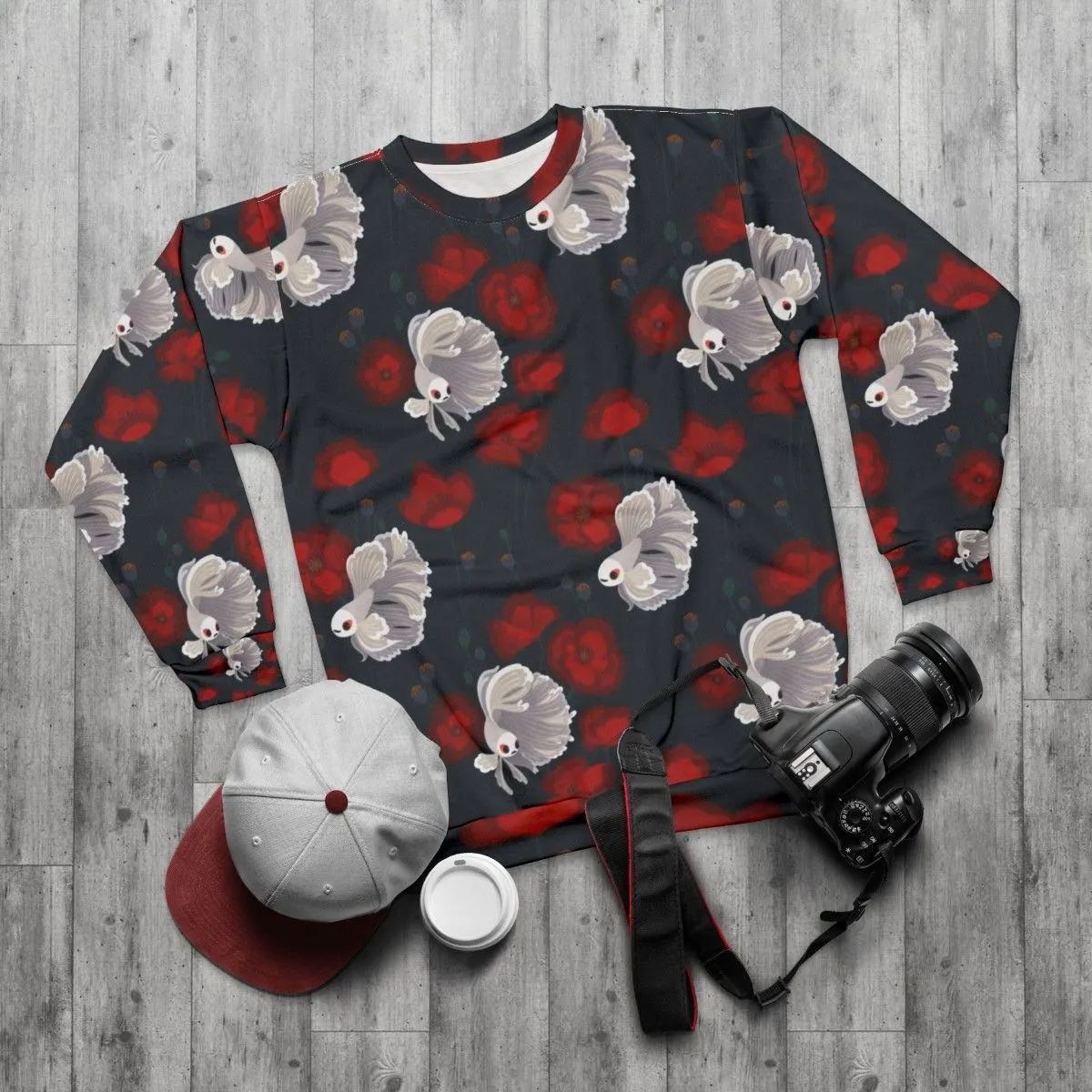 Adorable Betta Fish and Poppy Flower Sweatshirt