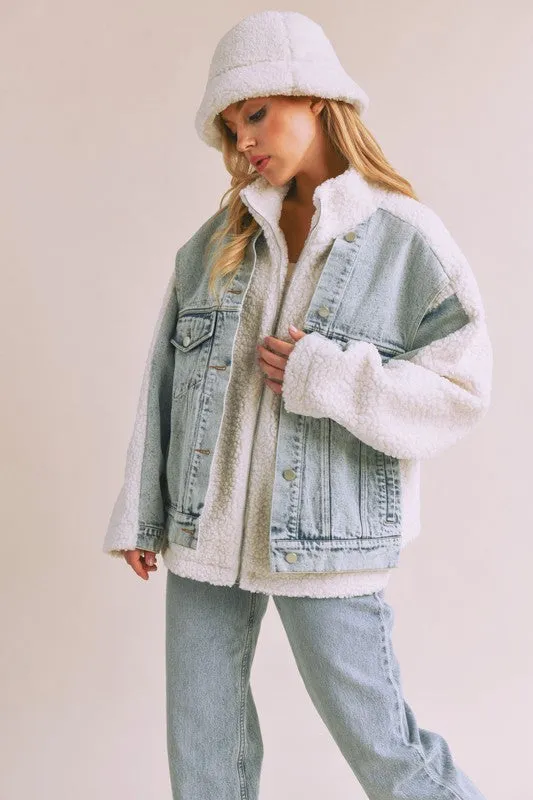 Aemi   Co Denim Washed Drop Shoulder Sherpa Fake Two Pieces Jacket