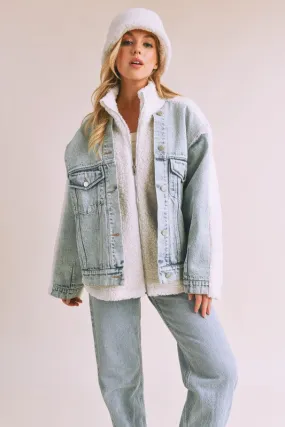 Aemi   Co Denim Washed Drop Shoulder Sherpa Fake Two Pieces Jacket