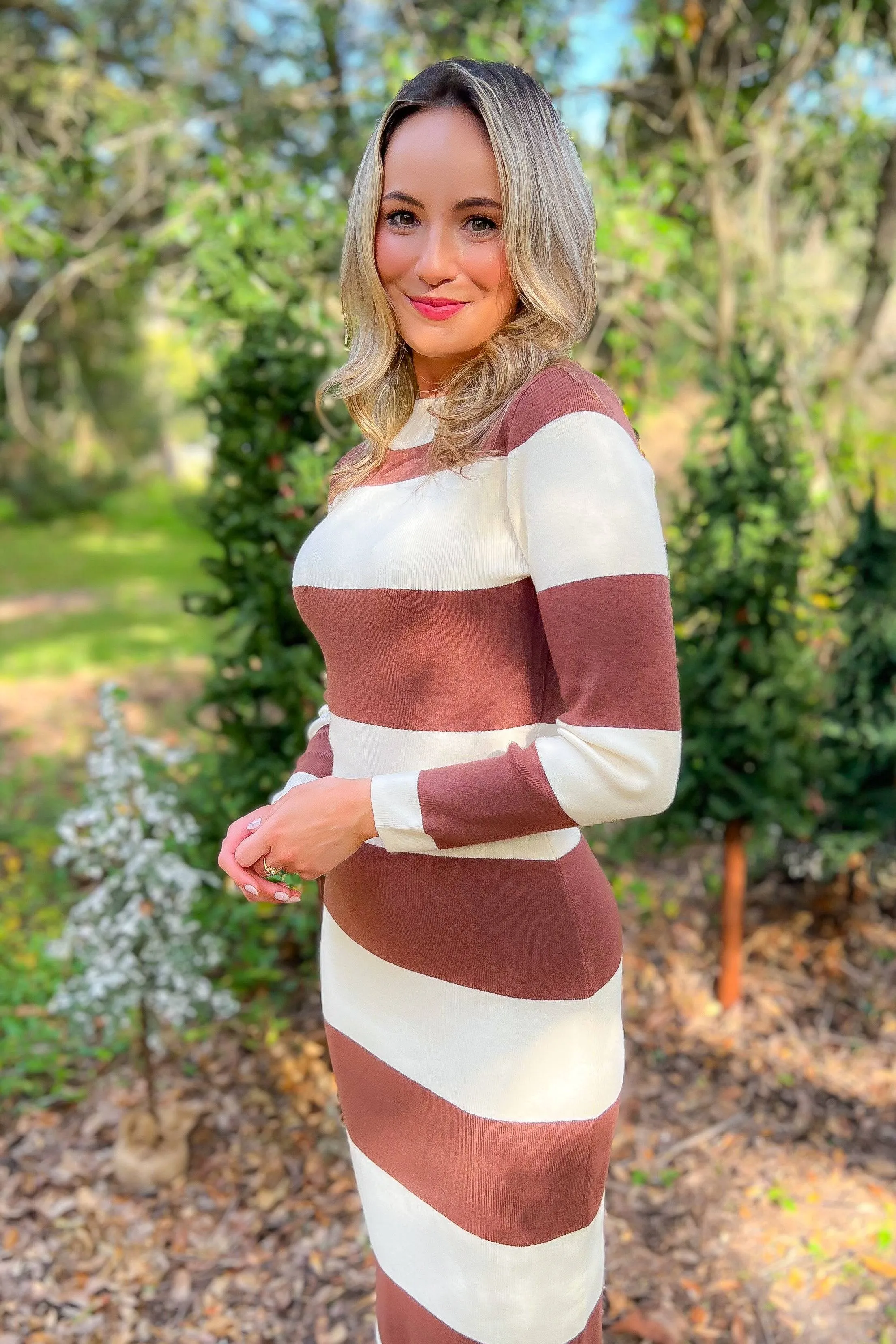 Allie Brown Striped Midi Sweater Dress
