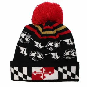 Alternating Boh & State of Maryland w/ Flag Brim (Black w/ Red Pom) / Knit Beanie Cap