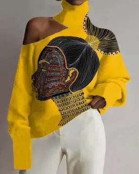 Artistic Colorblock Black Ethnic Print Hollow Turtleneck Top