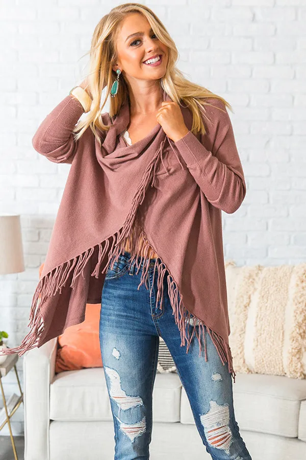Aspen Arrival Fringe Cardigan In Rustic Rose