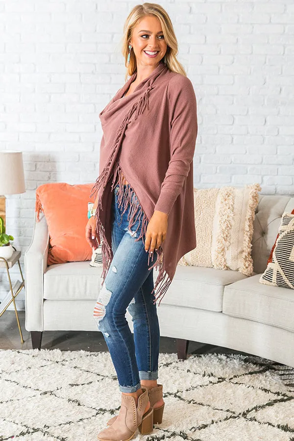 Aspen Arrival Fringe Cardigan In Rustic Rose