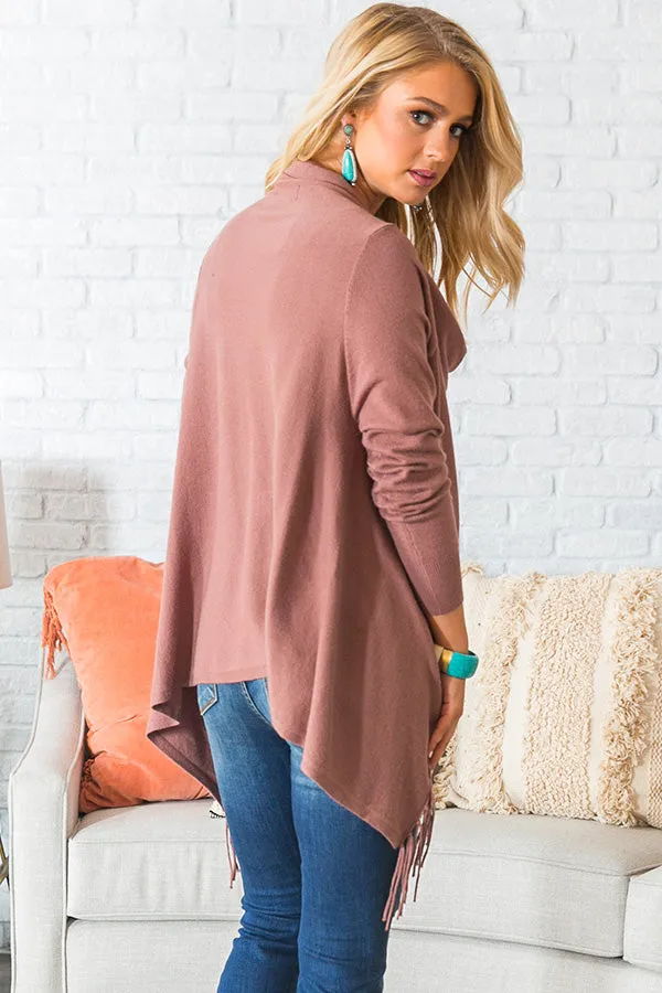 Aspen Arrival Fringe Cardigan In Rustic Rose