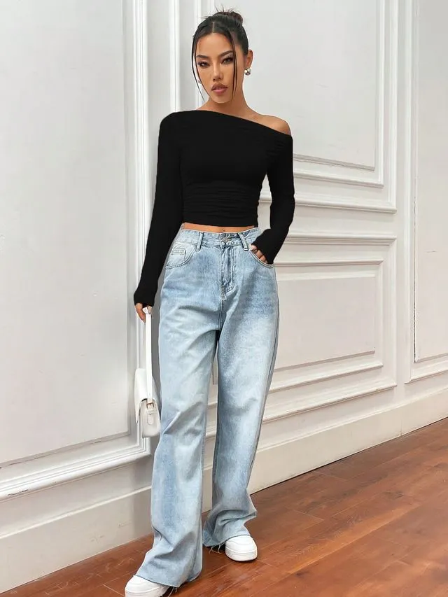 Black Asymmetrical Collar Top