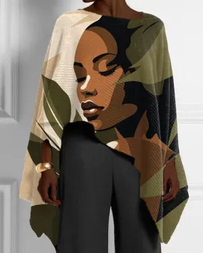 Black Girl Plant Color Matching Print Irregular Hem Ladies Top