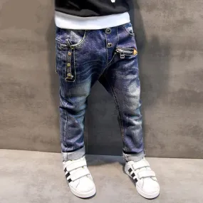 Boys Skinny Jeans Dark Blue Zipper Decor