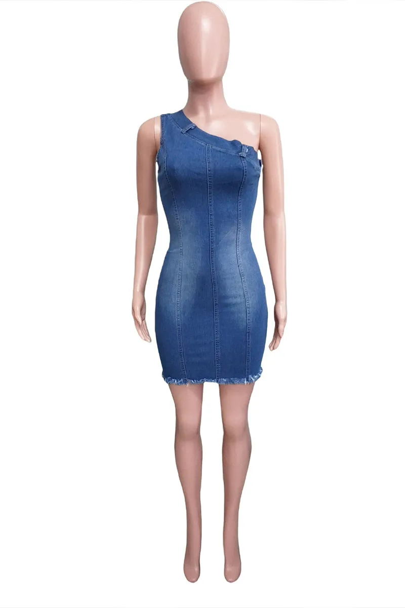 BS3441 One Shoulder Denim Mini Dress