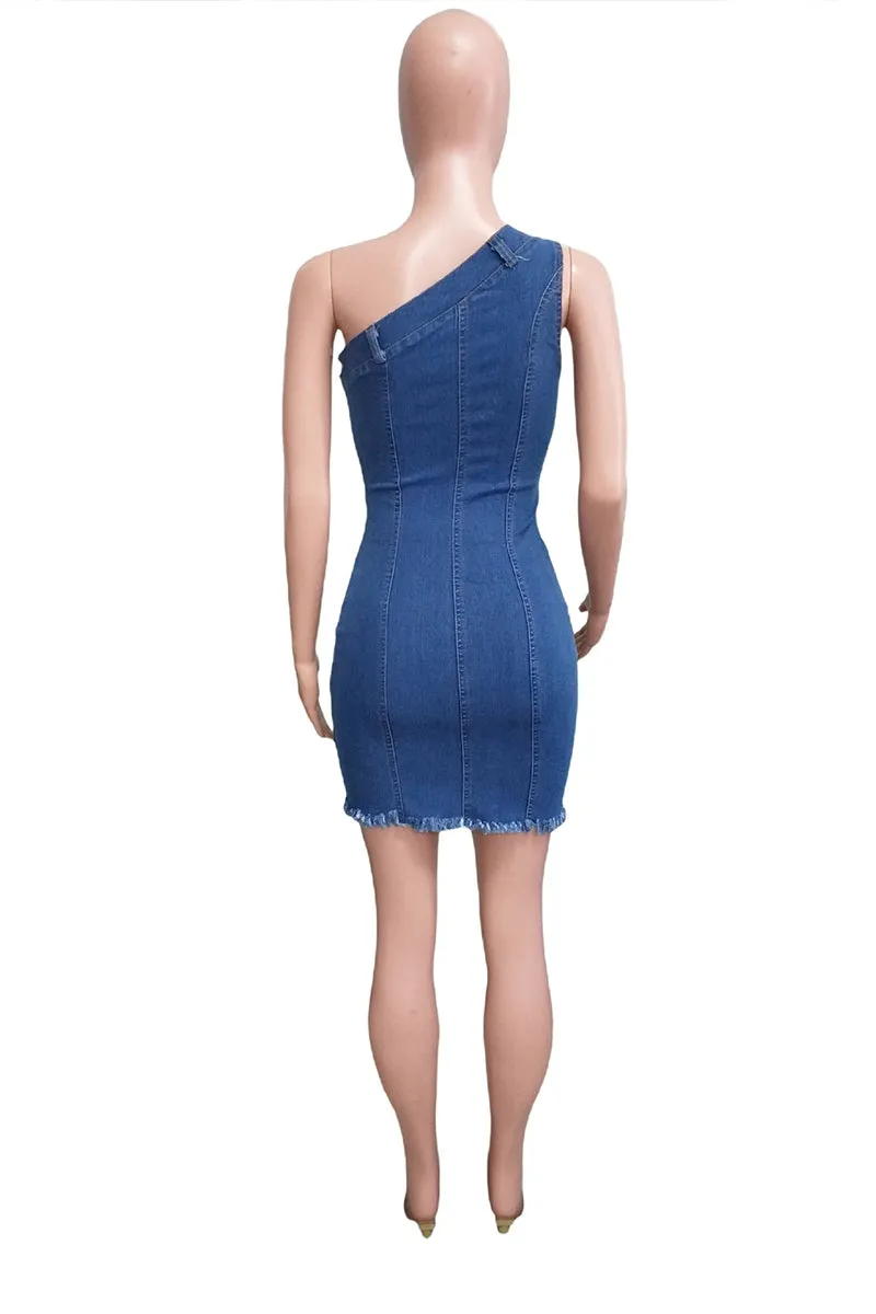 BS3441 One Shoulder Denim Mini Dress