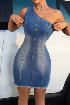BS3441 One Shoulder Denim Mini Dress
