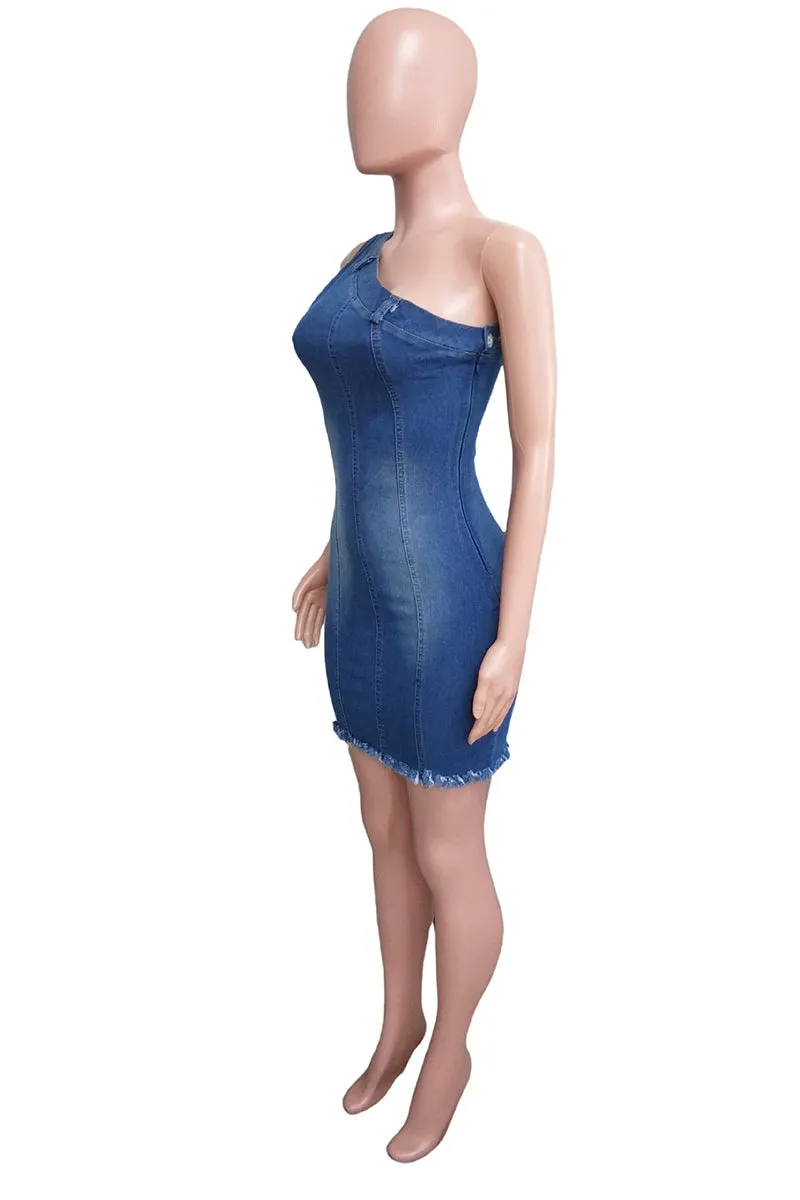 BS3441 One Shoulder Denim Mini Dress