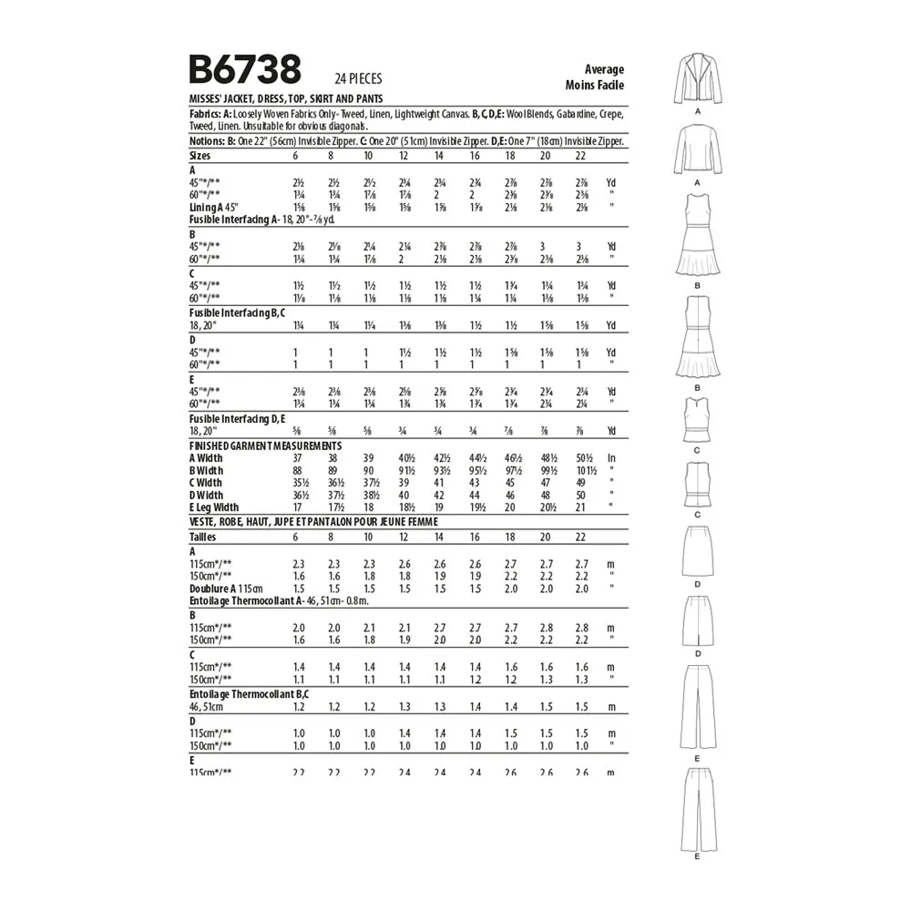 Butterick Pattern B6738 Misses' Jacket, Dress, Top, Skirt & Pants