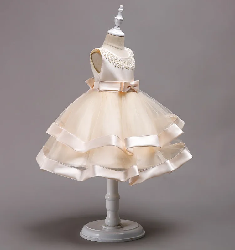 Champagne/Ivory Two Tier Beaded Dress, Size 3-10 Yrs