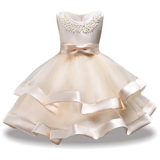 Champagne/Ivory Two Tier Beaded Dress, Size 3-10 Yrs