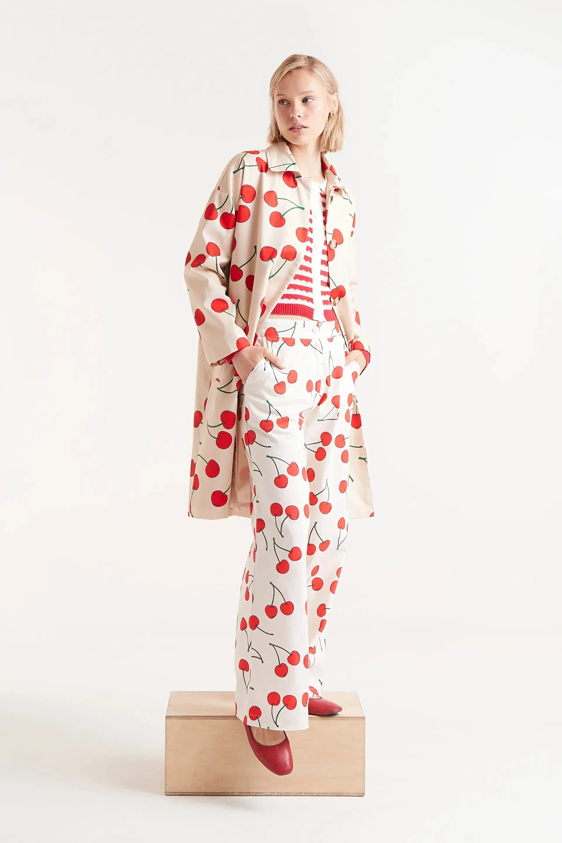 Cherry Print Trench Jacket