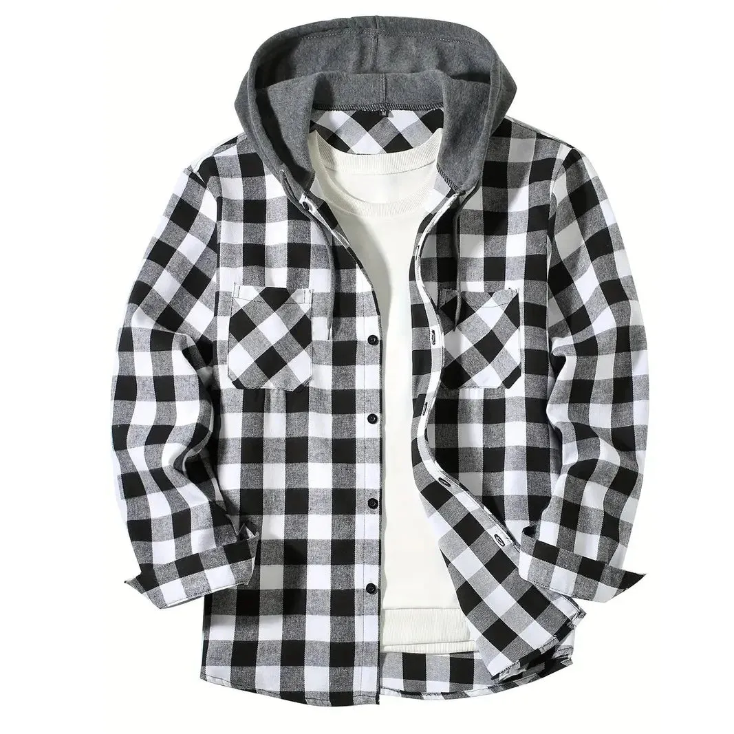 Coats / Jackets: Classic Plaid Flannel Button Down. Hooded. Long Sleeved. Double Pockets. Spring / Autumn. Various Colors.