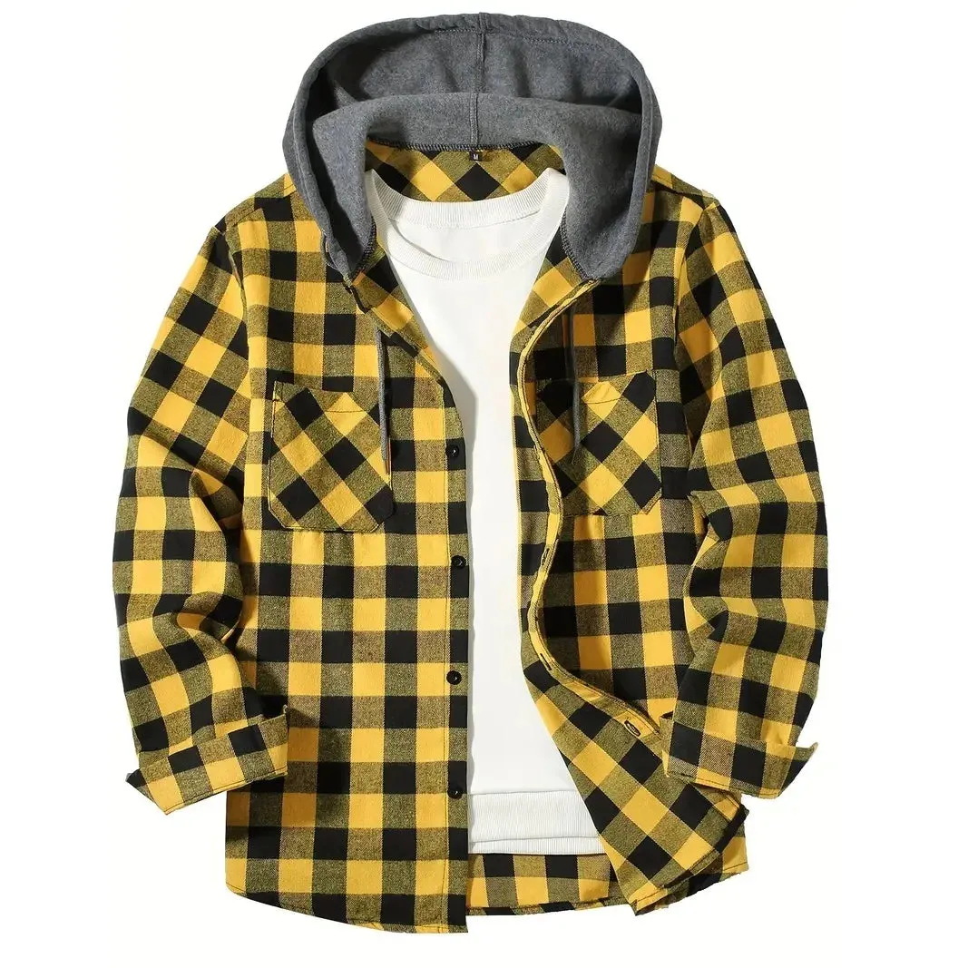 Coats / Jackets: Classic Plaid Flannel Button Down. Hooded. Long Sleeved. Double Pockets. Spring / Autumn. Various Colors.