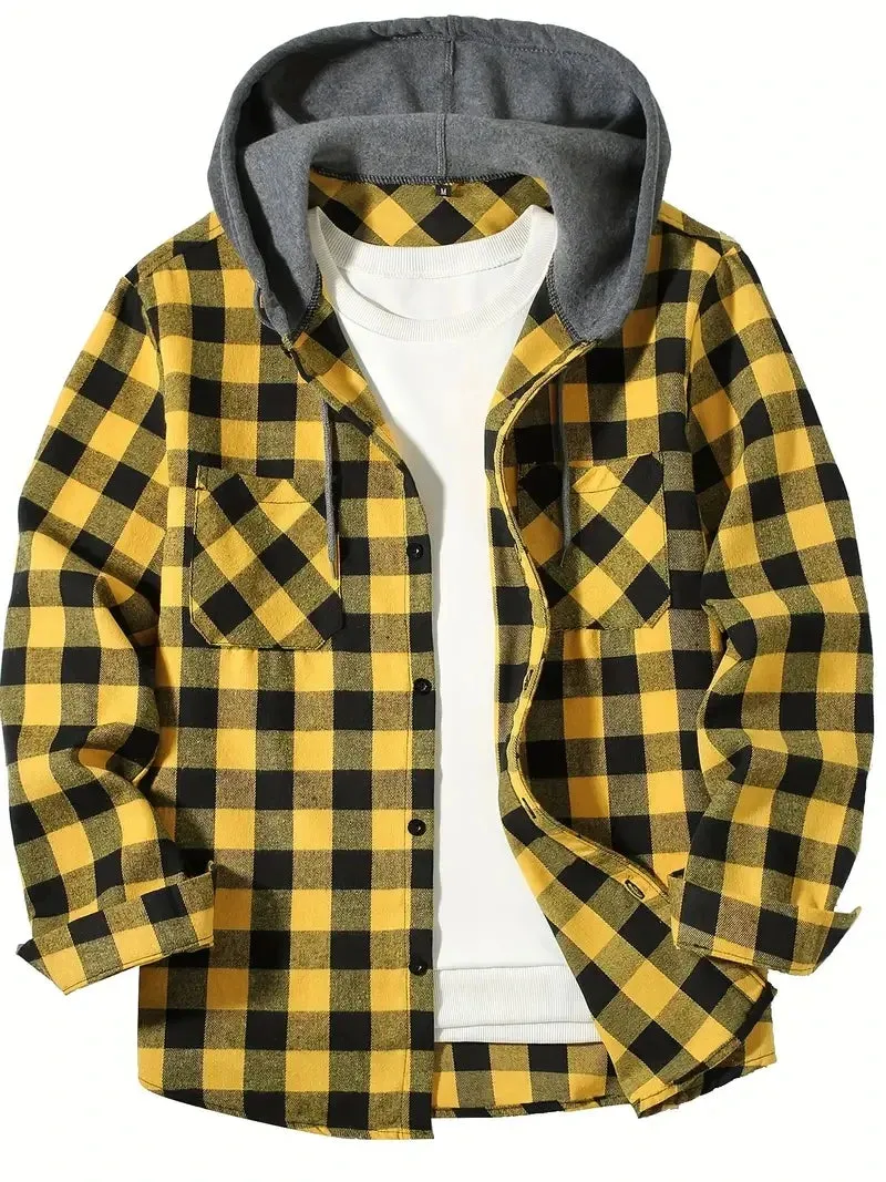 Coats / Jackets: Classic Plaid Flannel Button Down. Hooded. Long Sleeved. Double Pockets. Spring / Autumn. Various Colors.