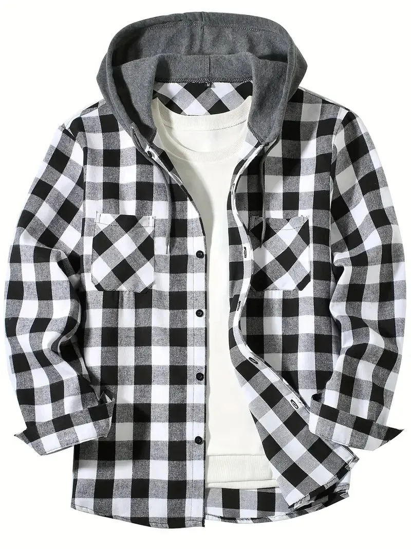 Coats / Jackets: Classic Plaid Flannel Button Down. Hooded. Long Sleeved. Double Pockets. Spring / Autumn. Various Colors.