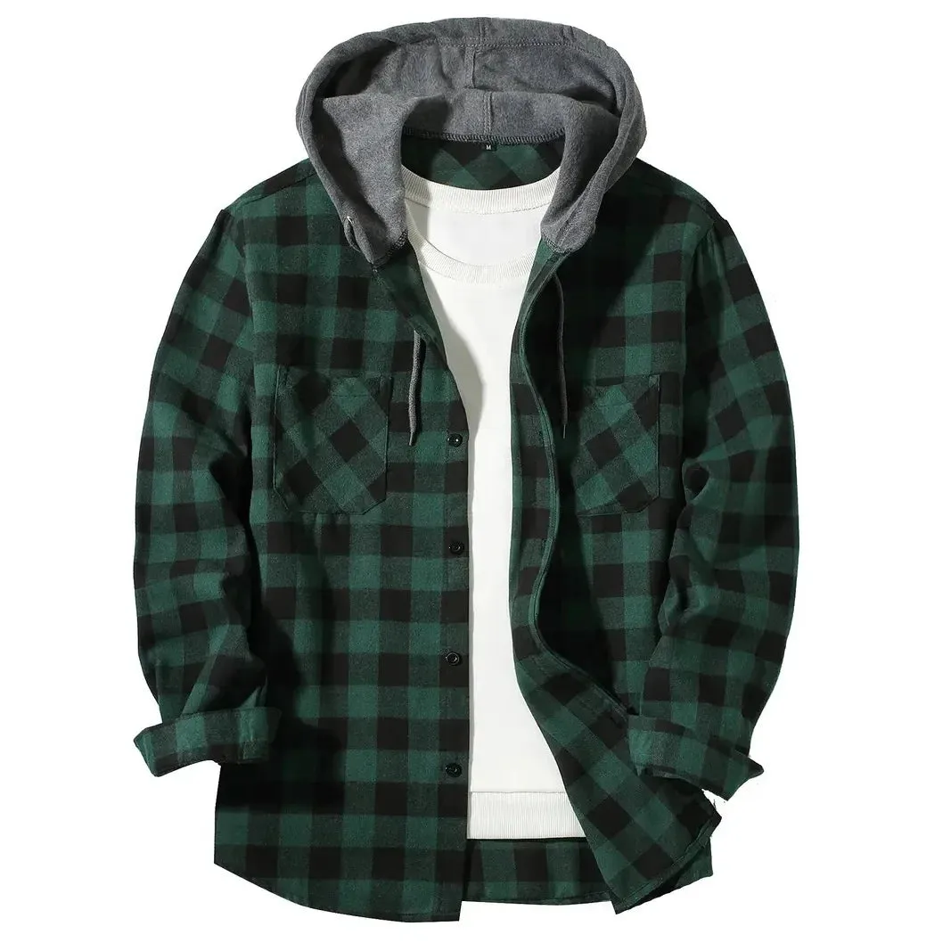 Coats / Jackets: Classic Plaid Flannel Button Down. Hooded. Long Sleeved. Double Pockets. Spring / Autumn. Various Colors.