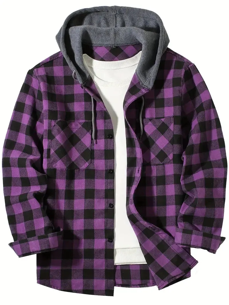 Coats / Jackets: Classic Plaid Flannel Button Down. Hooded. Long Sleeved. Double Pockets. Spring / Autumn. Various Colors.