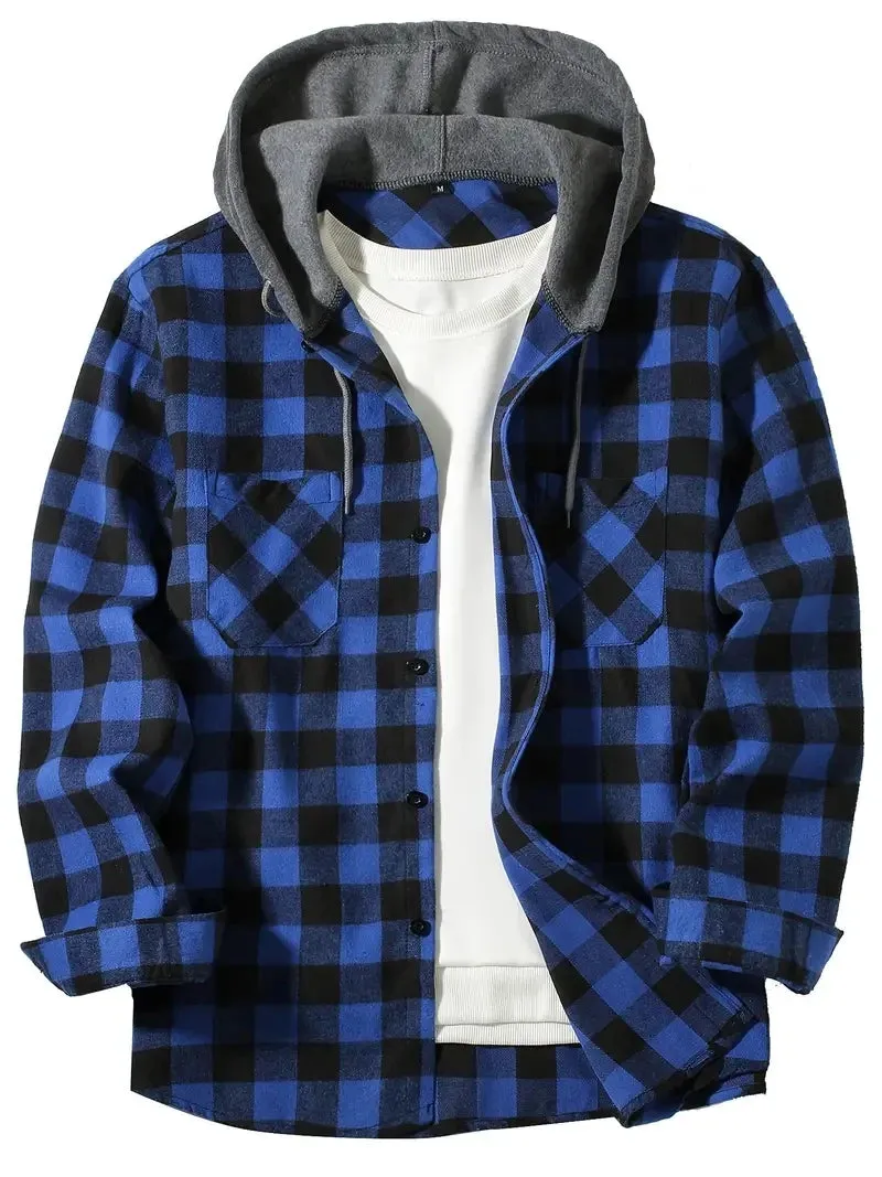 Coats / Jackets: Classic Plaid Flannel Button Down. Hooded. Long Sleeved. Double Pockets. Spring / Autumn. Various Colors.