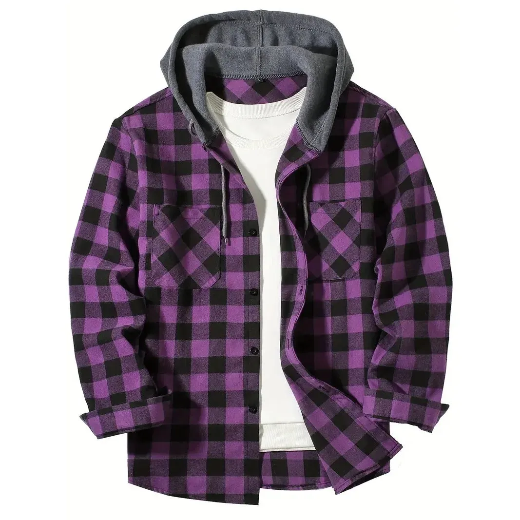 Coats / Jackets: Classic Plaid Flannel Button Down. Hooded. Long Sleeved. Double Pockets. Spring / Autumn. Various Colors.