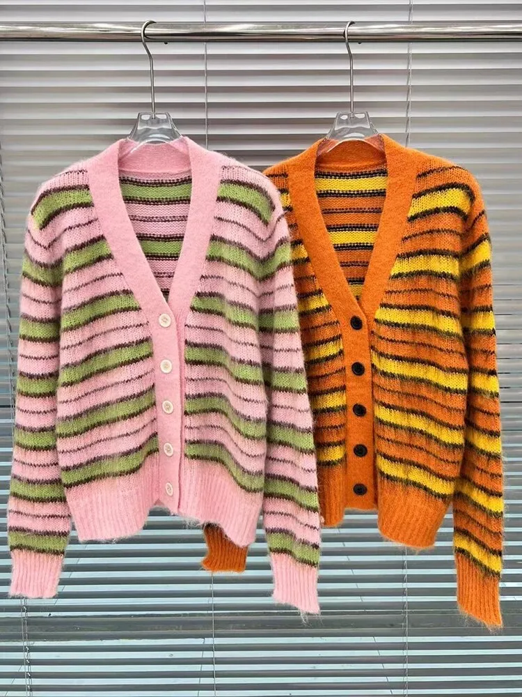 Colorblock Striped Knitting Sweaters For Women V Neck Long Sleeves Patchwork Single Breasted Casual Sweater Female