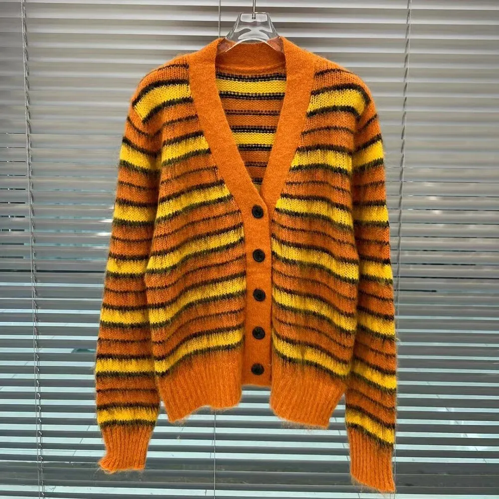 Colorblock Striped Knitting Sweaters For Women V Neck Long Sleeves Patchwork Single Breasted Casual Sweater Female