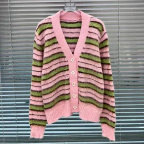 Colorblock Striped Knitting Sweaters For Women V Neck Long Sleeves Patchwork Single Breasted Casual Sweater Female