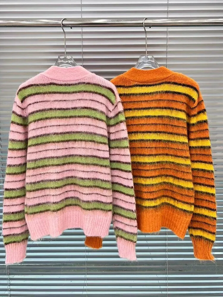 Colorblock Striped Knitting Sweaters For Women V Neck Long Sleeves Patchwork Single Breasted Casual Sweater Female