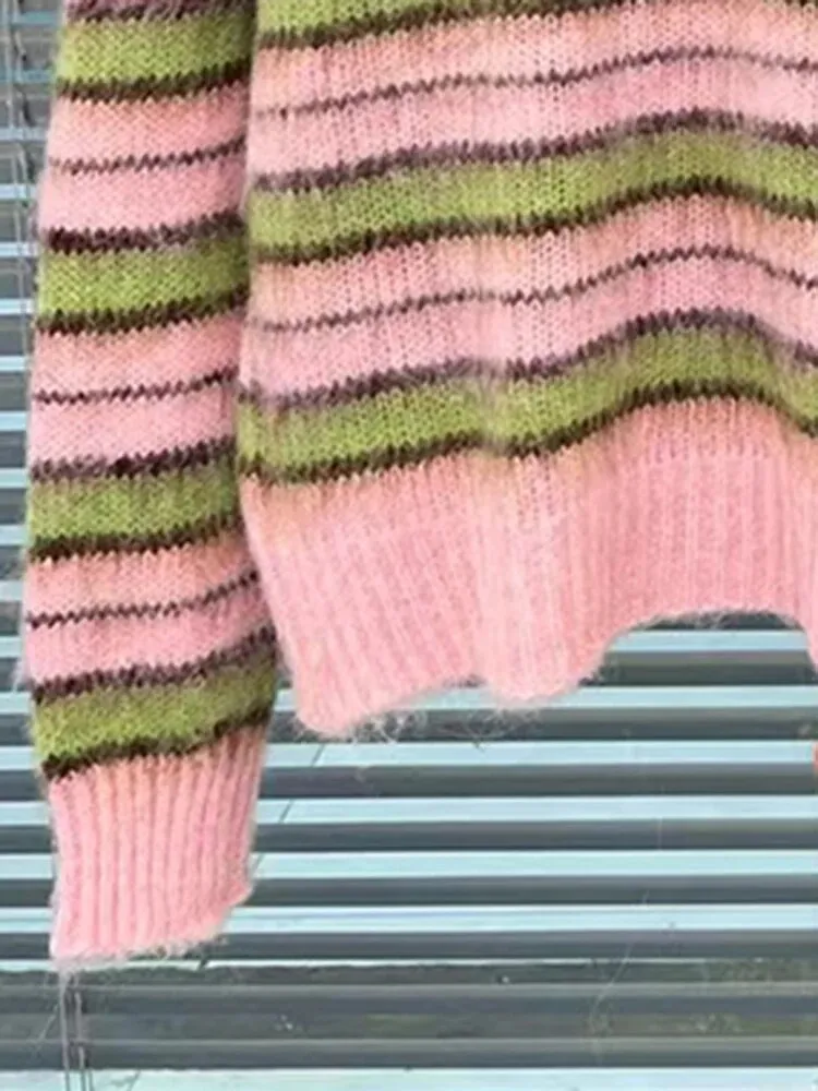 Colorblock Striped Knitting Sweaters For Women V Neck Long Sleeves Patchwork Single Breasted Casual Sweater Female