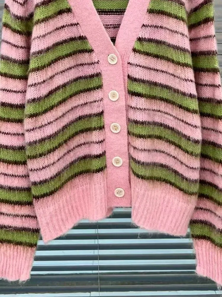 Colorblock Striped Knitting Sweaters For Women V Neck Long Sleeves Patchwork Single Breasted Casual Sweater Female