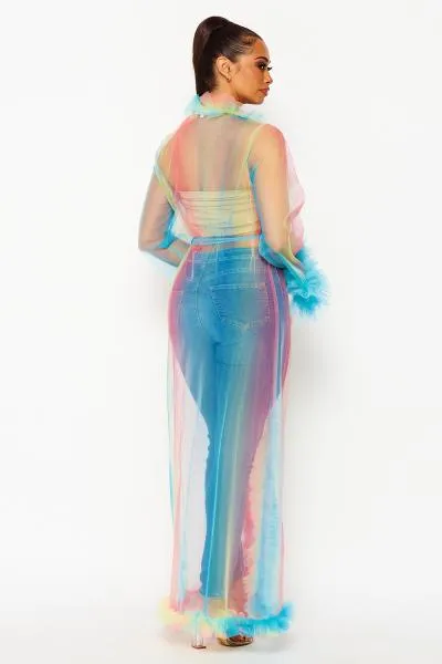 Courtney Tulle Mesh Long Sleeve Duster - Coral/Multi -