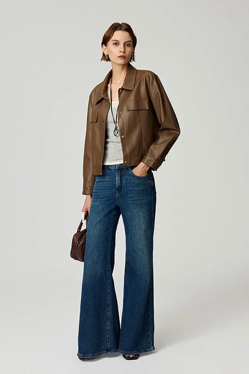 Cropped Faux Leather Shirt Jacket in Brown