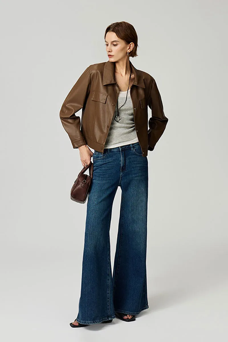 Cropped Faux Leather Shirt Jacket in Brown