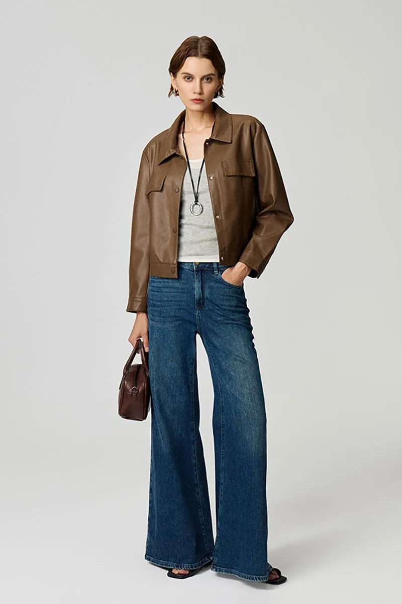 Cropped Faux Leather Shirt Jacket in Brown