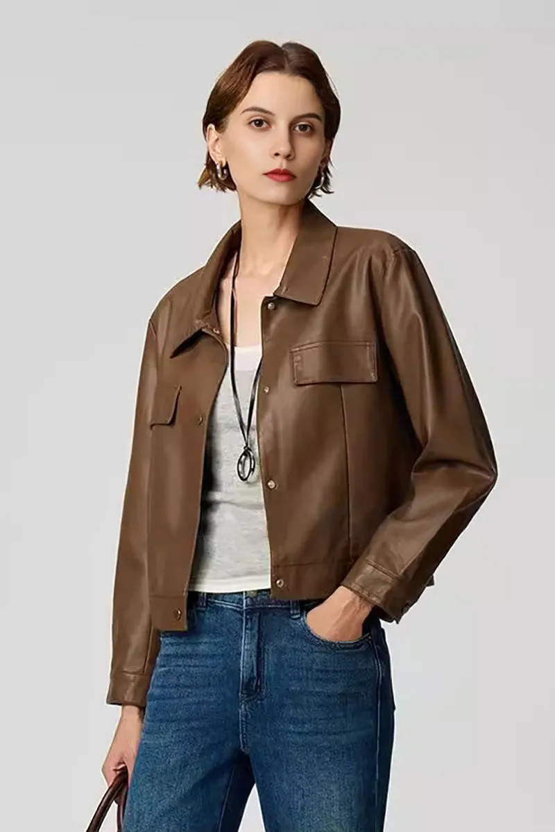 Cropped Faux Leather Shirt Jacket in Brown