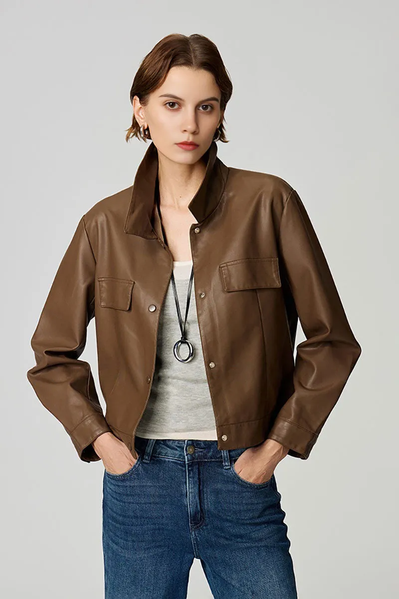 Cropped Faux Leather Shirt Jacket in Brown
