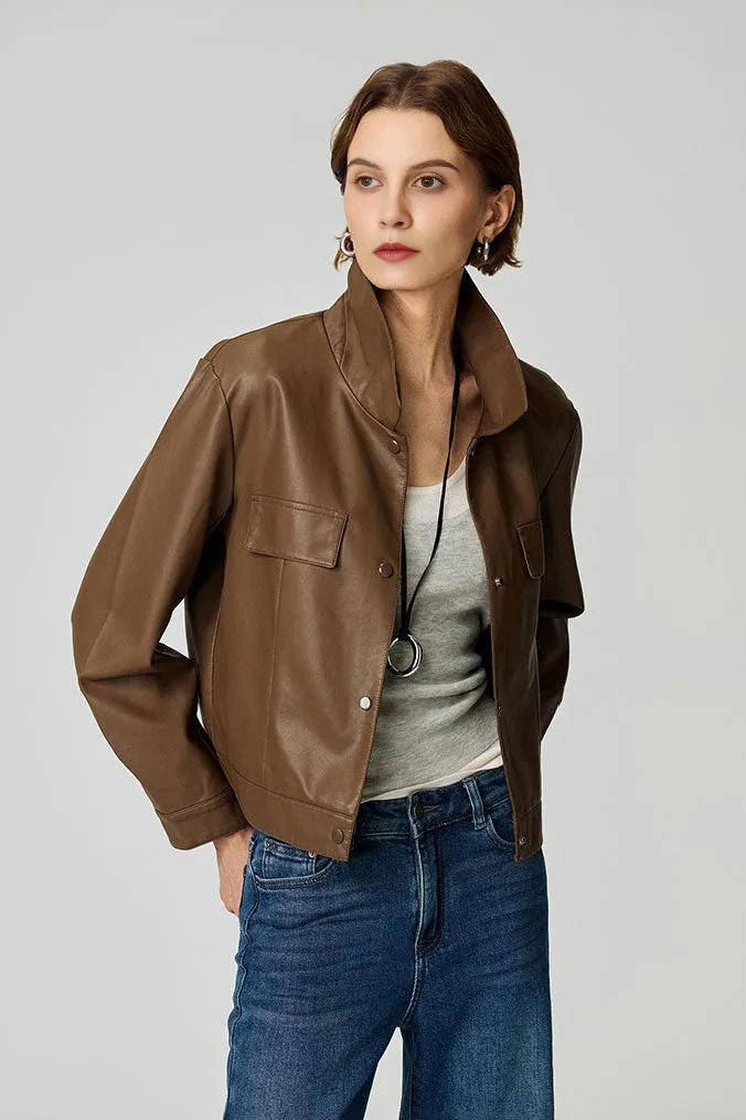 Cropped Faux Leather Shirt Jacket in Brown